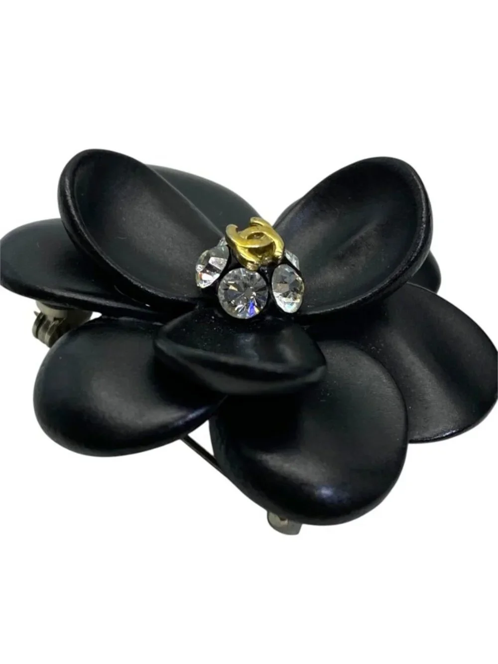 Chanel 02A Brooch CC Logo Camellia Flower Motif Rhinestone Metal Black